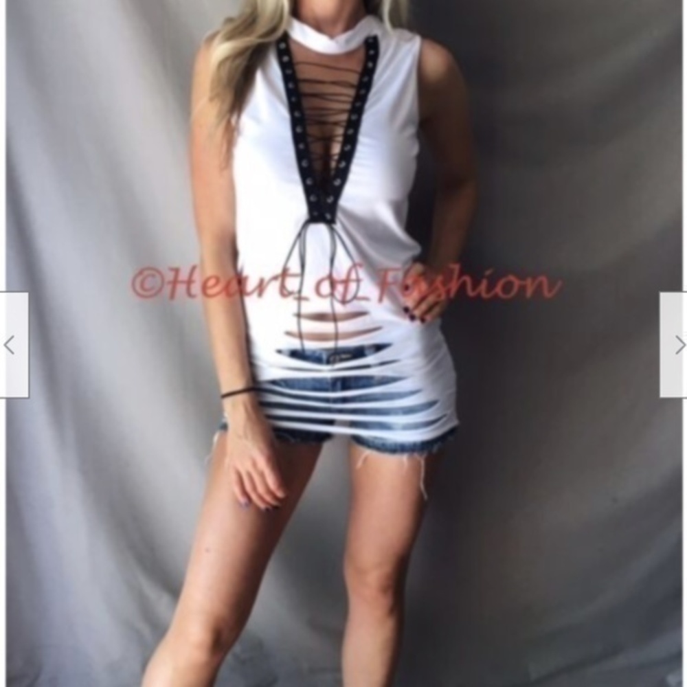 Womens Plunge Cleavage Lace Up Caged Slashed Cutout Sleeveless Tunic Biker Top S